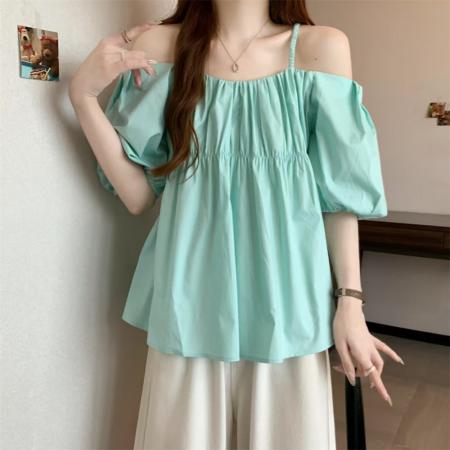 BY12821# 夏日小清新韩chic一字肩小心机糖果色衬衫 服裝批發女裝批發服飾貨源