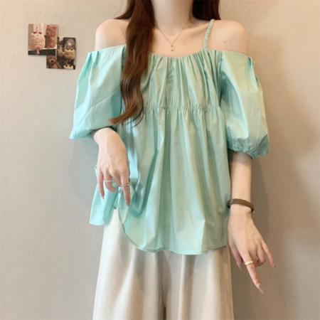 BY12821# 夏日小清新韩chic一字肩小心机糖果色衬衫 服裝批發女裝批發服飾貨源