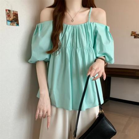 BY12821# 夏日小清新韩chic一字肩小心机糖果色衬衫 服裝批發女裝批發服飾貨源