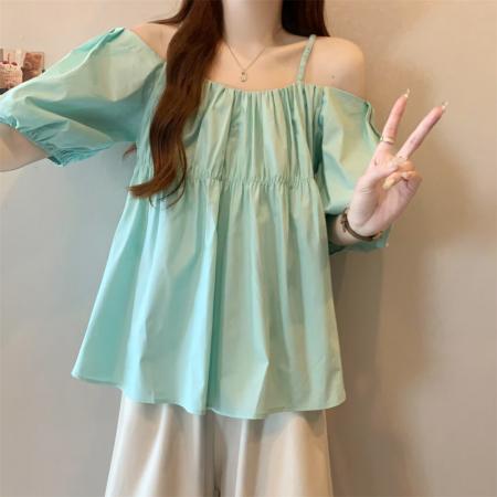 BY12821# 夏日小清新韩chic一字肩小心机糖果色衬衫 服裝批發女裝批發服飾貨源