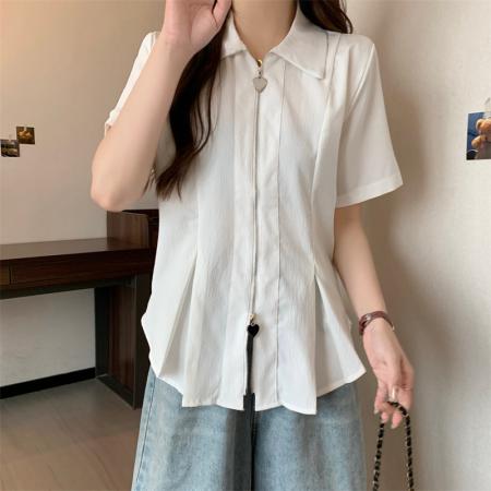 BY12822# 大码polo领双拉链白色短袖衬衫夏季胖mm显瘦遮肚子上衣女 服裝批發女裝批發服飾貨源