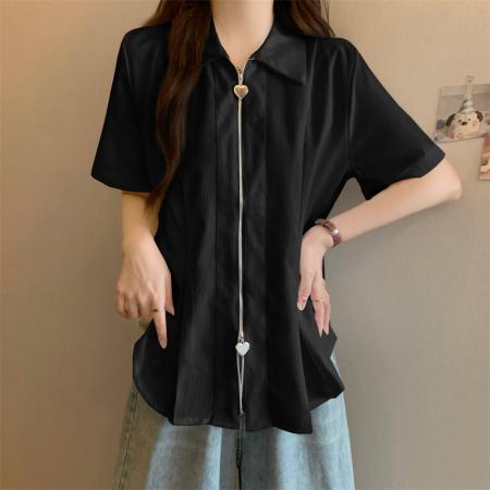 BY12822# 大码polo领双拉链白色短袖衬衫夏季胖mm显瘦遮肚子上衣女 服裝批發女裝批發服飾貨源