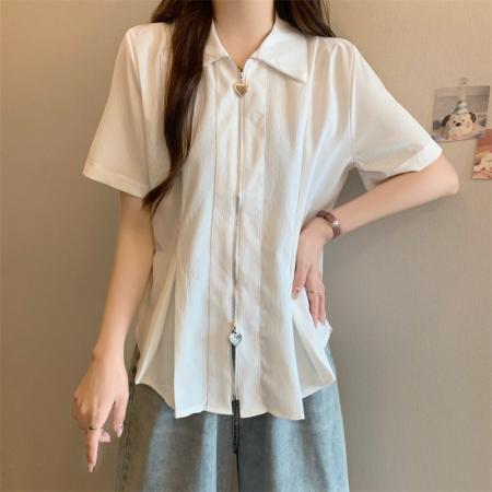 BY12822# 大码polo领双拉链白色短袖衬衫夏季胖mm显瘦遮肚子上衣女 服裝批發女裝批發服飾貨源