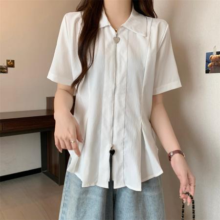 BY12822# 大码polo领双拉链白色短袖衬衫夏季胖mm显瘦遮肚子上衣女 服裝批發女裝批發服飾貨源