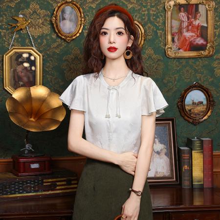 BY12836# 高级感新中式国风夏季小众设计盘扣短袖白色衬衫女 服裝批發女裝批發服飾貨源