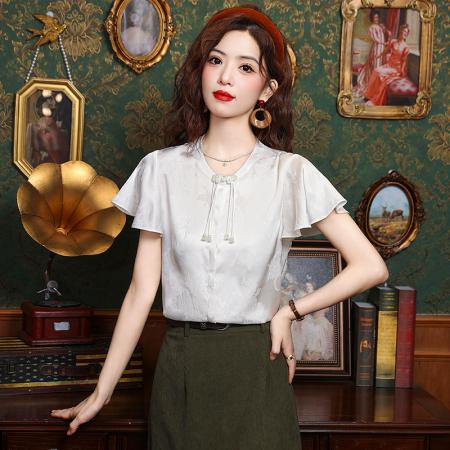 BY12836# 高级感新中式国风夏季小众设计盘扣短袖白色衬衫女 服裝批發女裝批發服飾貨源