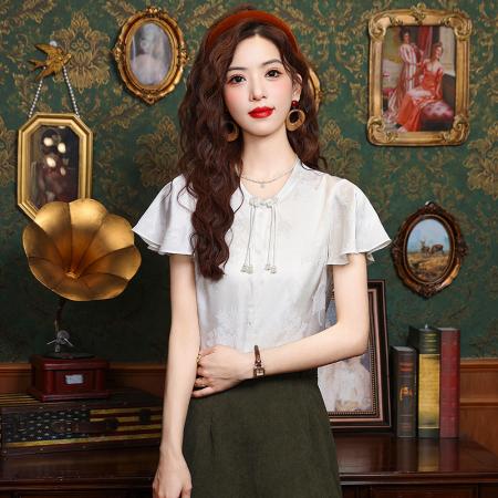 BY12836# 高级感新中式国风夏季小众设计盘扣短袖白色衬衫女 服裝批發女裝批發服飾貨源