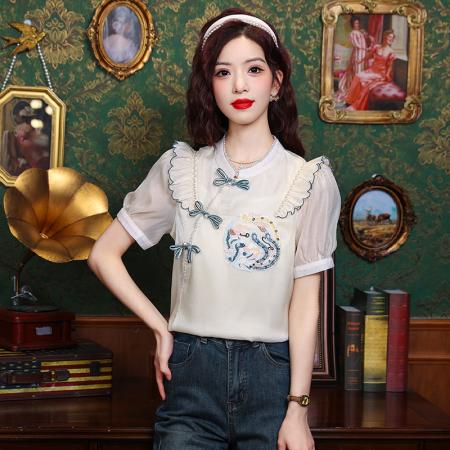 BY12837# 夏季新款衬衫国风衬衫重工刺绣短袖上衣雪纺衫 服裝批發女裝批發服飾貨源