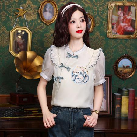 BY12837# 夏季新款衬衫国风衬衫重工刺绣短袖上衣雪纺衫 服裝批發女裝批發服飾貨源