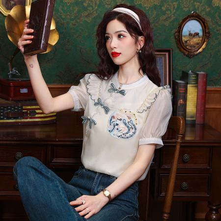 BY12837# 夏季新款衬衫国风衬衫重工刺绣短袖上衣雪纺衫 服裝批發女裝批發服飾貨源