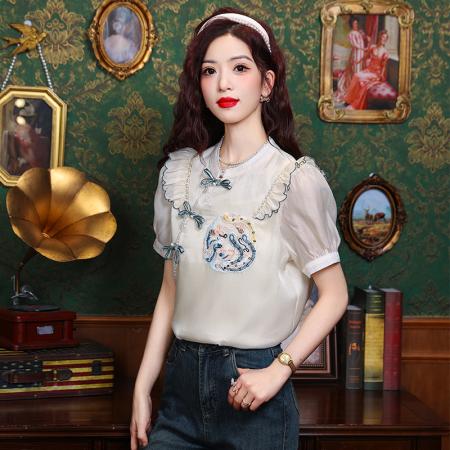 BY12837# 夏季新款衬衫国风衬衫重工刺绣短袖上衣雪纺衫 服裝批發女裝批發服飾貨源