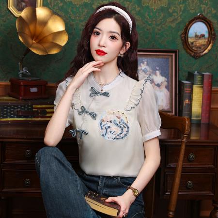 BY12837# 夏季新款衬衫国风衬衫重工刺绣短袖上衣雪纺衫 服裝批發女裝批發服飾貨源