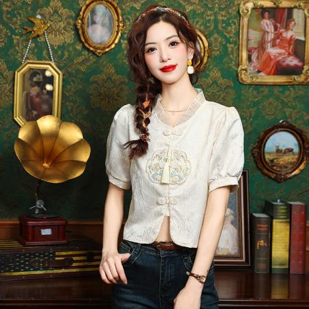 BY12838# 夏季新款小衫新中式中国风绣花设计感短袖复古衬衫上衣女 服裝批發女裝批發服飾貨源
