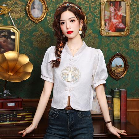 BY12838# 夏季新款小衫新中式中国风绣花设计感短袖复古衬衫上衣女 服裝批發女裝批發服飾貨源