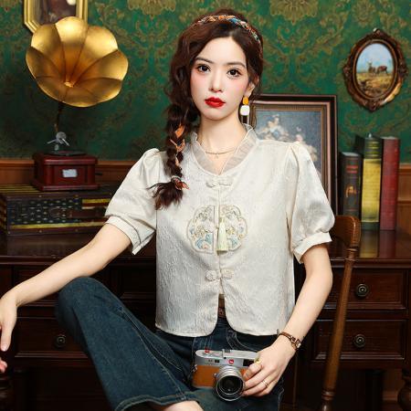 BY12838# 夏季新款小衫新中式中国风绣花设计感短袖复古衬衫上衣女 服裝批發女裝批發服飾貨源