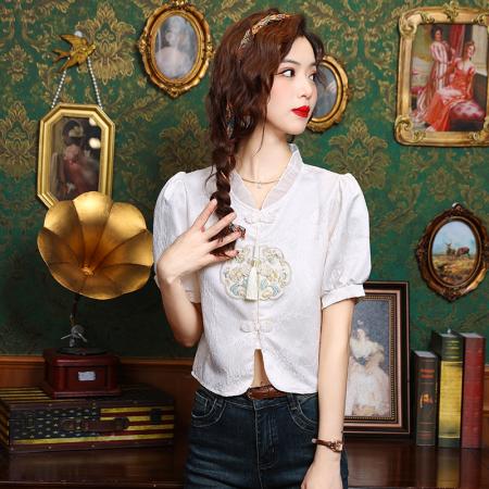 BY12838# 夏季新款小衫新中式中国风绣花设计感短袖复古衬衫上衣女 服裝批發女裝批發服飾貨源