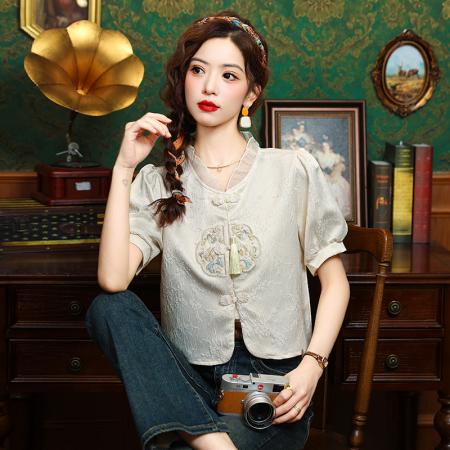 BY12838# 夏季新款小衫新中式中国风绣花设计感短袖复古衬衫上衣女 服裝批發女裝批發服飾貨源