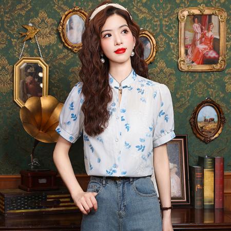 BY12839# 夏季新款设计感国风衬衫新中式小衫女 服裝批發女裝批發服飾貨源