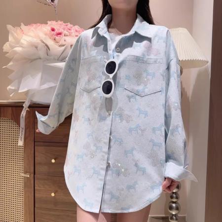 春秋重工新款烫钻小马牛仔长袖衬衫女宽松休闲时尚上衣外套潮 服裝批發女裝批發服飾貨源