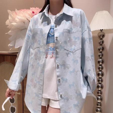 BY12844# 春秋重工新款烫钻小马牛仔长袖衬衫女宽松休闲时尚上衣外套潮 服裝批發女裝批發服飾貨源