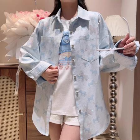 BY12844# 春秋重工新款烫钻小马牛仔长袖衬衫女宽松休闲时尚上衣外套潮 服裝批發女裝批發服飾貨源