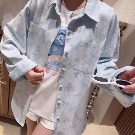 BY12844# 春秋重工新款烫钻小马牛仔长袖衬衫女宽松休闲时尚上衣外套潮 服裝批發女裝批發服飾貨源