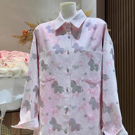 BY12846# 春秋新款烫钻小马设计感牛仔长袖衬衫外套女宽松时尚休闲上衣 服裝批發女裝批發服飾貨源