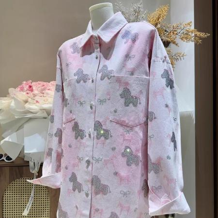 BY12846# 春秋新款烫钻小马设计感牛仔长袖衬衫外套女宽松时尚休闲上衣 服裝批發女裝批發服飾貨源