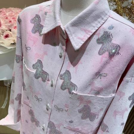BY12846# 春秋新款烫钻小马设计感牛仔长袖衬衫外套女宽松时尚休闲上衣 服裝批發女裝批發服飾貨源