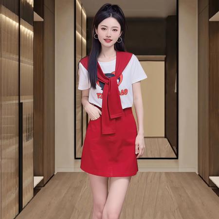 纯棉时尚套装女夏季新款韩版印花短袖t恤半身裙两件套 服裝批發女裝批發服飾貨源