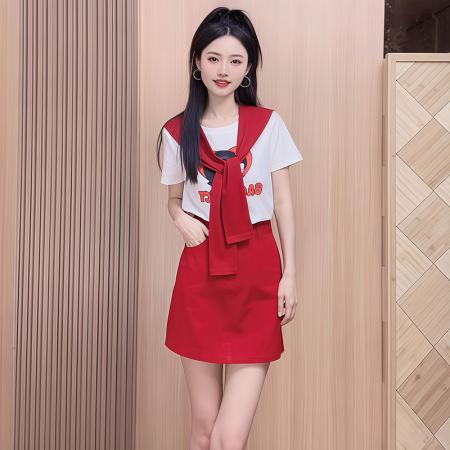 BY12847# 纯棉时尚套装女夏季新款韩版印花短袖t恤半身裙两件套 服裝批發女裝批發服飾貨源