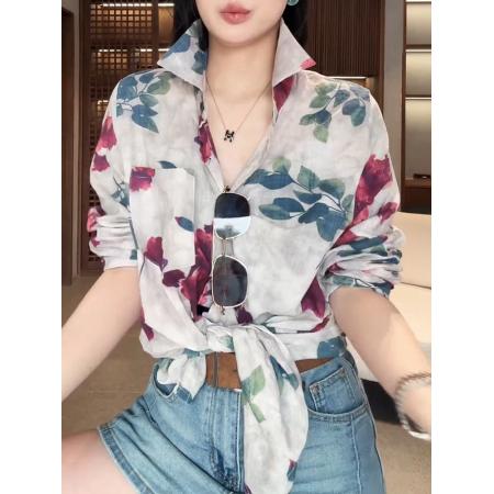 BY12848# 韩版文艺风长袖衬衫女春新款独特印花上衣休闲百搭薄款防晒衣 服裝批發女裝批發服飾貨源