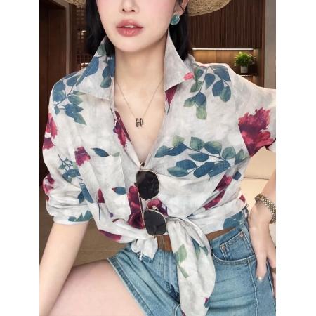 BY12848# 韩版文艺风长袖衬衫女春新款独特印花上衣休闲百搭薄款防晒衣 服裝批發女裝批發服飾貨源
