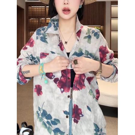 BY12848# 韩版文艺风长袖衬衫女春新款独特印花上衣休闲百搭薄款防晒衣 服裝批發女裝批發服飾貨源