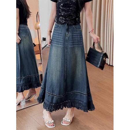 BY12851# 秋季新款复古流苏花边牛仔半身裙高腰垂感镂空中长款A字裙子 服裝批發女裝批發服飾貨源
