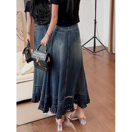 BY12851# 秋季新款复古流苏花边牛仔半身裙高腰垂感镂空中长款A字裙子 服裝批發女裝批發服飾貨源