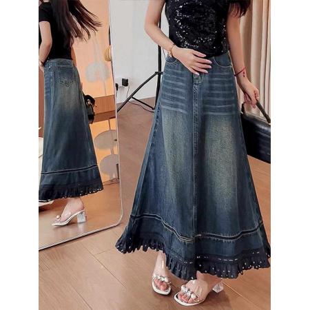 BY12851# 秋季新款复古流苏花边牛仔半身裙高腰垂感镂空中长款A字裙子 服裝批發女裝批發服飾貨源