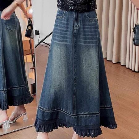 BY12851# 秋季新款复古流苏花边牛仔半身裙高腰垂感镂空中长款A字裙子 服裝批發女裝批發服飾貨源