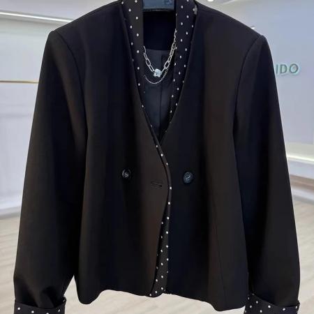 BY12853# 今年流行超好看假两件波点拼接西装女新款高级感小个子短外套 服裝批發女裝批發服飾貨源