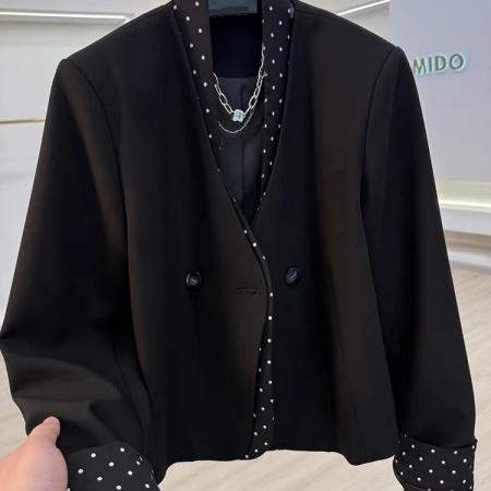 BY12853# 今年流行超好看假两件波点拼接西装女新款高级感小个子短外套 服裝批發女裝批發服飾貨源