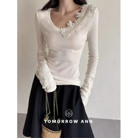 长袖新款T恤韩版时尚百搭设计蕾丝拼接洋气显瘦 服裝批發女裝批發服飾貨源