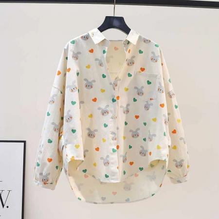 衬衫春秋爱心小兔子印花宽松休闲衬衣褶皱设计百搭上衣 服裝批發女裝批發服飾貨源