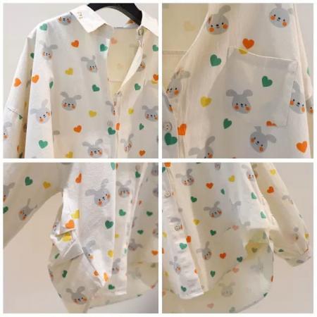 BY12858# 衬衫春秋爱心小兔子印花宽松休闲衬衣褶皱设计百搭上衣 服裝批發女裝批發服飾貨源