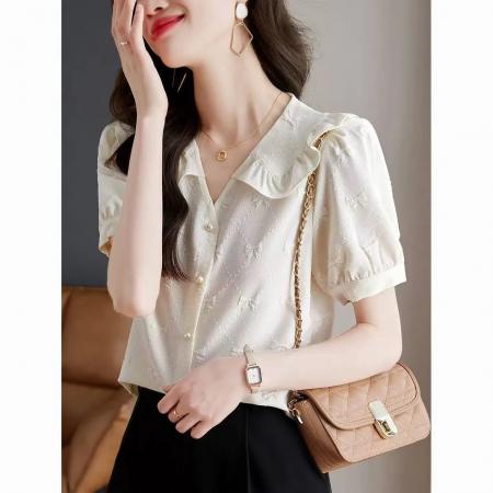 BY12860# 高档法式绣花雪纺衬衫女夏新洋气木耳边娃娃领短袖清爽潮上衣 服裝批發女裝批發服飾貨源
