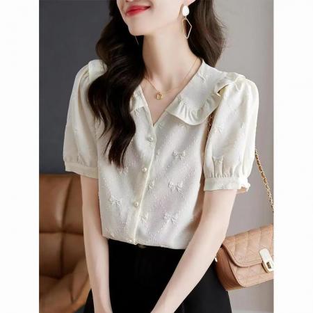 BY12860# 高档法式绣花雪纺衬衫女夏新洋气木耳边娃娃领短袖清爽潮上衣 服裝批發女裝批發服飾貨源