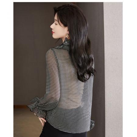 BY12861# 千鸟格雪纺衬衫时尚大方休闲气质百搭韩版荷叶边秋新款长袖衬衫 服裝批發女裝批發服飾貨源