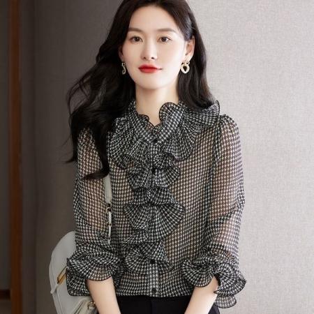 BY12861# 千鸟格雪纺衬衫时尚大方休闲气质百搭韩版荷叶边秋新款长袖衬衫 服裝批發女裝批發服飾貨源