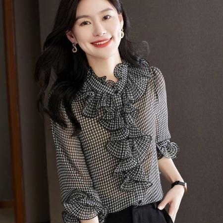 BY12861# 千鸟格雪纺衬衫时尚大方休闲气质百搭韩版荷叶边秋新款长袖衬衫 服裝批發女裝批發服飾貨源