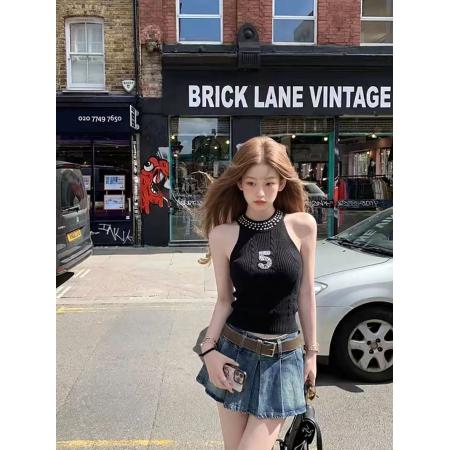 BY12866# 黑色重工烫钻挂脖背心辣妹风修身无袖针织衫个性背心 服裝批發女裝批發服飾貨源