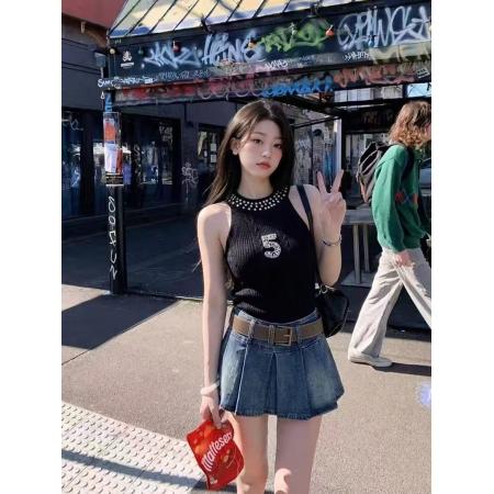 BY12866# 黑色重工烫钻挂脖背心辣妹风修身无袖针织衫个性背心 服裝批發女裝批發服飾貨源